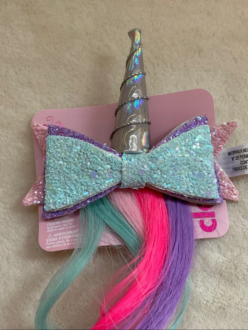Claire's Glitter Unicorn Hair Clip with Pink, Purple & Teal Strands